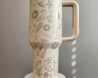 Custom Laser Engraved Fall Tumbler with Handle | 40oz Tumbler | Ivory & Gold