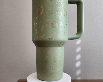 Custom Laser Engraved Fall Tumbler with Handle | 40oz Tumbler | Sage Green & Gold