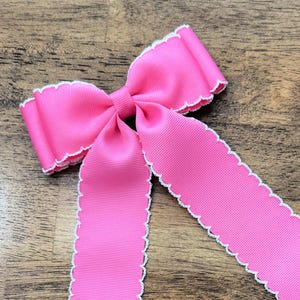 Hot Pink with White Moonstitch Bow ~ long tail hair bow ~ hair bow barrette