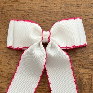 White w/ Hot Pink Moonstitch Bow ~ elegant hair bow ~ hair clip ~ adult hair bow ~ long tail hair bow ~ hair bow barrette ~ hair bow tie