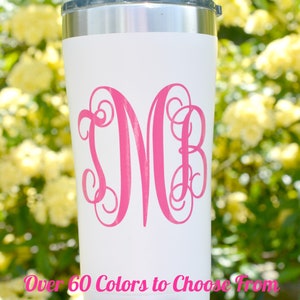 May include: White stainless steel tumbler with a pink monogram "SB" on the front. Over 60 colors to choose from.