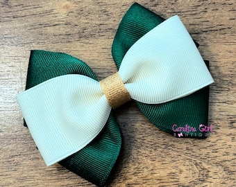 Christmas Hair Bow, Ivory, Hunter Green, and Gold Bow, Christmas Holiday Hair Clip, Christmas bow for Girls, 4" Christmas Bow, Hair Bow