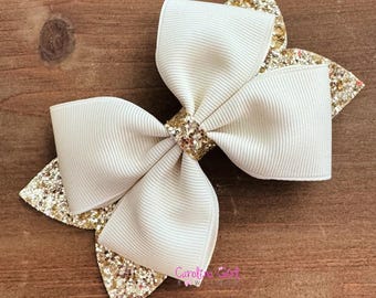 Ivory and Gold Christmas Hair Bow , Christmas Holiday Hair Clip , Christmas bow for Girls , 4" Christmas Bow , Hair Bow