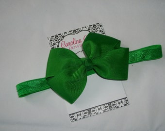 Emerald Green Bow Band - Green Bow on an Elastic Headband Baby Infant Toddler - Girls Hair Bows