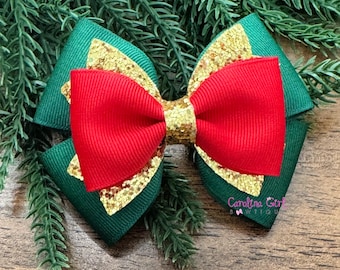 Red, Green and Gold Glitter Hair Bow or Headband, Christmas Holiday Hair Clip, Christmas bow for Girls, 4" Christmas Bow, Hair Bow
