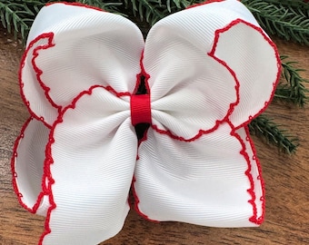 White with Red Bow ~  White 5 inch Bow  ~XL Hair Bow ~ Hair Bow Clip