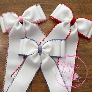 Moonstitch Bow ~ elegant hair bow ~ adult hair clip ~ adult hair bow ~ long tail hair bow ~ white hair bow barrette ~ Colored edge Bow