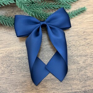 Navy Satin hair bow ~  4 inch elegant hair bow  ~ long tail hair bow ~ hair bow barrette