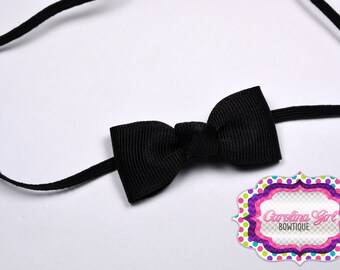 Black Newborn Headband - Small Headband withTiny Bow on Skinny Elastic - Girls Hair Bows