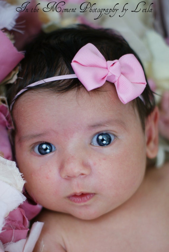 Bitty Bow on an Elastic Headband Baby Headband Shocking Pink Dots Newborn Headband Girls Hair Bows 2 in