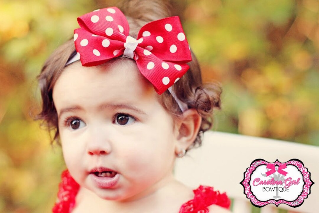 Red With White Polka Dots Bow Band - Bow on an Elastic Headband Baby ...