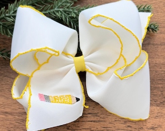 Pencil Hair Bow ~  White and Yellow 5 inch Bow  ~XL Hair Bow