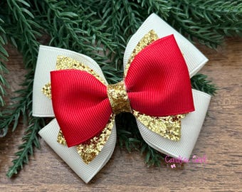 Ivory, Red and Gold Glitter Hair Bow or Headband, Christmas Holiday Hair Clip, Christmas bow for Girls, 4" Christmas Bow, Hair Bow