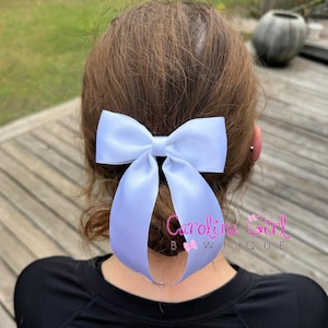 White Satin hair bow ~  4 inch elegant hair bow ~ big girl bow ~ adult hair bow ~ long tail hair bow ~ hair  barrette ~ Christmas Hair Bow