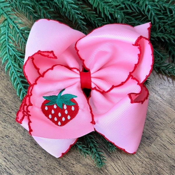 Lazo para el cabello con diseño de fresa ~ Lazo rosa y rojo de 5 pulgadas ~ Lazo para el cabello XL