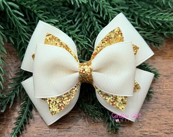 Ivory and Gold Glitter Hair Bow or Headband, Christmas Holiday Hair Clip, Christmas bow for Girls, 4" Christmas Bow, Hair Bow