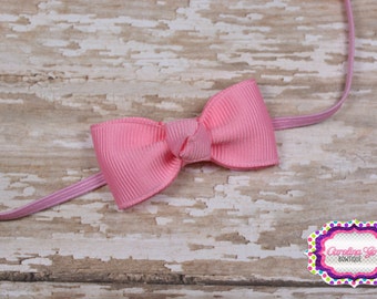 Newborn Headband - Small Headband Light Pink Tiny Bow on Skinny Elastic - Girls Hair Bows