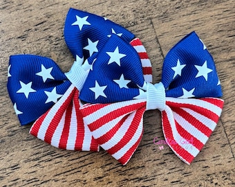 Set of Two Patriotic Pigtail Bows, baby girl hair clips, toddler bow hair clips, piggy bows, toddler bows, 4th of July Bow, red white blue