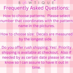 May include: Pink and white checkered background with text. The text reads "Carolina Girl BWTique" at the top. Below, it lists frequently asked questions about choosing patterns, sizes, and rush shipping.