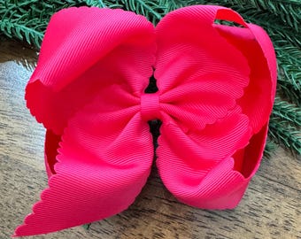 Hot Pink Scallop Edge Bow ~ Hot Pink Bow  ~ 5 inch Hair  Bow ~ XL Hair Bow