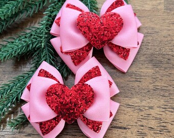 Pink and Red Glitter Pigtail Hair Bows, Set of 2 - 3 inch Bows, Pink Hair Bows, Piggy Bows, Girls Hair Clips, Toddler Bows, Valentines Day