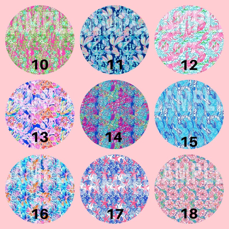May include: Nine circular fabric swatches with vibrant floral and aquatic patterns. Each swatch is numbered from 10 to 18. The designs feature flowers, leaves, and mermaid motifs in pink, blue, and green hues.