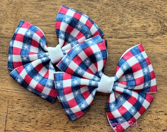 Set of Two Patriotic Plaid Pigtail Bows, baby girl hair bows, toddler hair clips, piggy bows, toddler bows, 4th of July Bow, red white blue