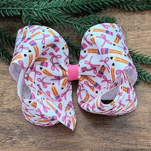 Pencil Hair Bow ~  White and Pink 5 inch Bow  ~XL Hair Bow