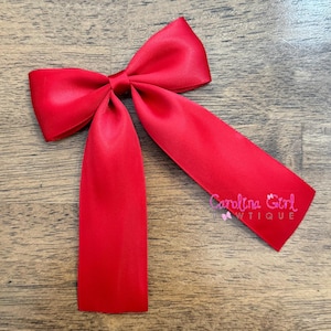 Red Satin hair bow ~  4 inch elegant hair bow ~ big girl bow ~ adult hair bow ~ long tail hair bow ~ hair bow barrette ~ Christmas Hair Bow