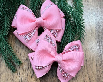 Pink Glitter Pigtail Hair Bows, Set of 2 Pink 3 inch Bows, Pink Hair Bows, Piggy Bows, Girls Hair Clips, Toddler Bows