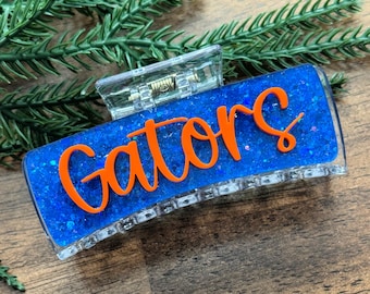 May include: A clear rectangular hair clip with a blue glitter background and the orange word "Gators". The clip has a clear hinge and is on a wooden surface. Decorative green sprigs are in the background.