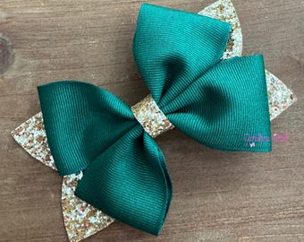 Forest Green and Gold Glitter Hair Bow, Green Bow Hair Clip, Green Bow Headband,  Girls Glitter Hair Bow, Green Glitter Baby Hair Bow