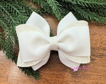 White  Glitter Hair Bow or Headband, Christmas Holiday Hair Clip, Christmas bow for Girls, 4" Christmas Bow, Hair Bow