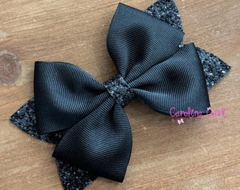 Black Hair Bow, Black Bow Hair Clip, Black Bow Headband,  Girls Glitter Hair Bow,  Black Glitter Baby Hair Bow