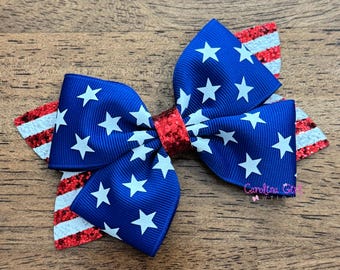 Patriotic Hair Bow, 4th of July Glitter Hair Bow, Red, White, and Blue Hair Bow, 4 inch glitter bow, Memorial Day Bow