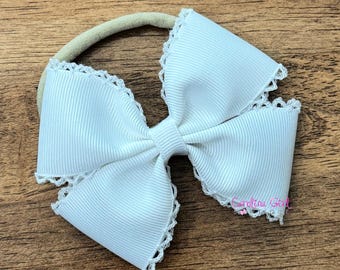 white moon stitch bow headband, 4" bow, baby boutique bow headband, large bow, baby headband, newborn coming home gift, christening bow