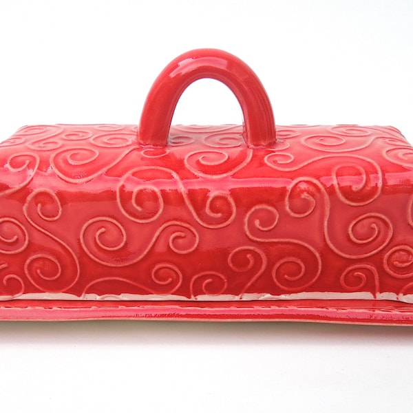 Red Textured Swirl Handmade Ceramic Covered Butter Dish with Lid