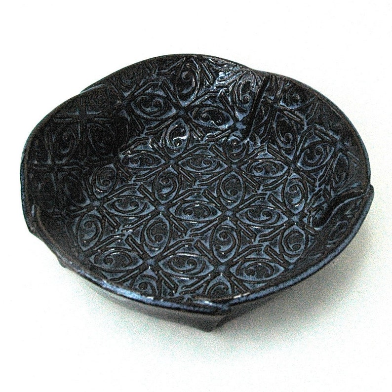 Medium Dark Blue Textured Tin Roof Handmade Ceramic Pottery Serving Dish Bowl