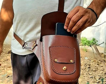 Personalized Leather Hip Bag - Crossbody Biker Bag - Hip Holster Belt Pouch - Motorcycle Leg Bag for Men - Gift for Him - Father&#39;s Day Gift