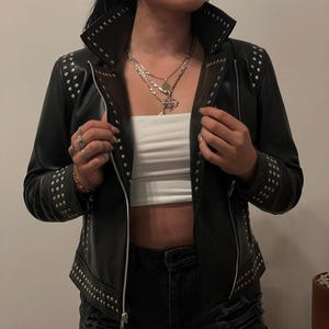 Women&#39;s Studded Black Leather Jacket Handmade Biker Style Custom Lambskin Moto Jacket Gift for Her Rock Punk Zip Jacket Streetwear