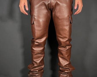 Handmade Men&#39;s Slim Fit 100% Genuine Brown Leather Biker Cargo Pant - Classic Stylish Gothic Leather Pant - Personalized Gift for Him