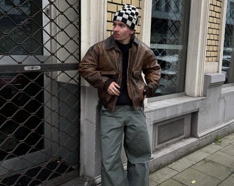 80s Vintage Distressed Brown Leather Bomber Jacket for Men