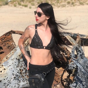 Edgy Studded Black Leather Bralette Handmade from Genuine Sheepskin Festival Party & Concert Wear Triangle Bra Lingerie / Black lingerie