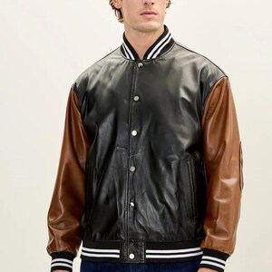 Mens Black and Brown Lambskin Leather Varsity Jacket Handmade Bomber Style Snap Button Custom Fit Streetwear Urban Casual Gift for Him