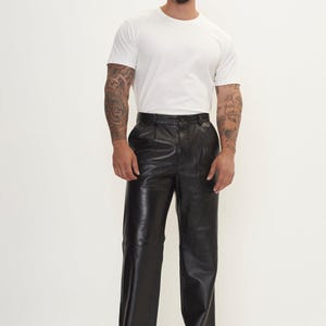 Men&#39;s Vintage 90s Waxed Brown Lambskin Leather Pants Classic Straight Biker Trousers Handcrafted Premium Leather Valentine Day Gift for Him