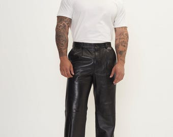 Men&#39;s Vintage 90s Waxed Brown Lambskin Leather Pants Classic Straight Biker Trousers Handcrafted Premium Leather Valentine Day Gift for Him