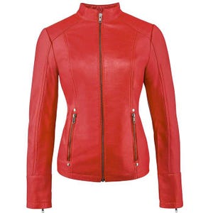 Blouson motard noir pour femme en cuir d'agneau véritable-Blouson moto slim en cuir souple rouge pour femme-Cadeau pour elle Mode hivernale