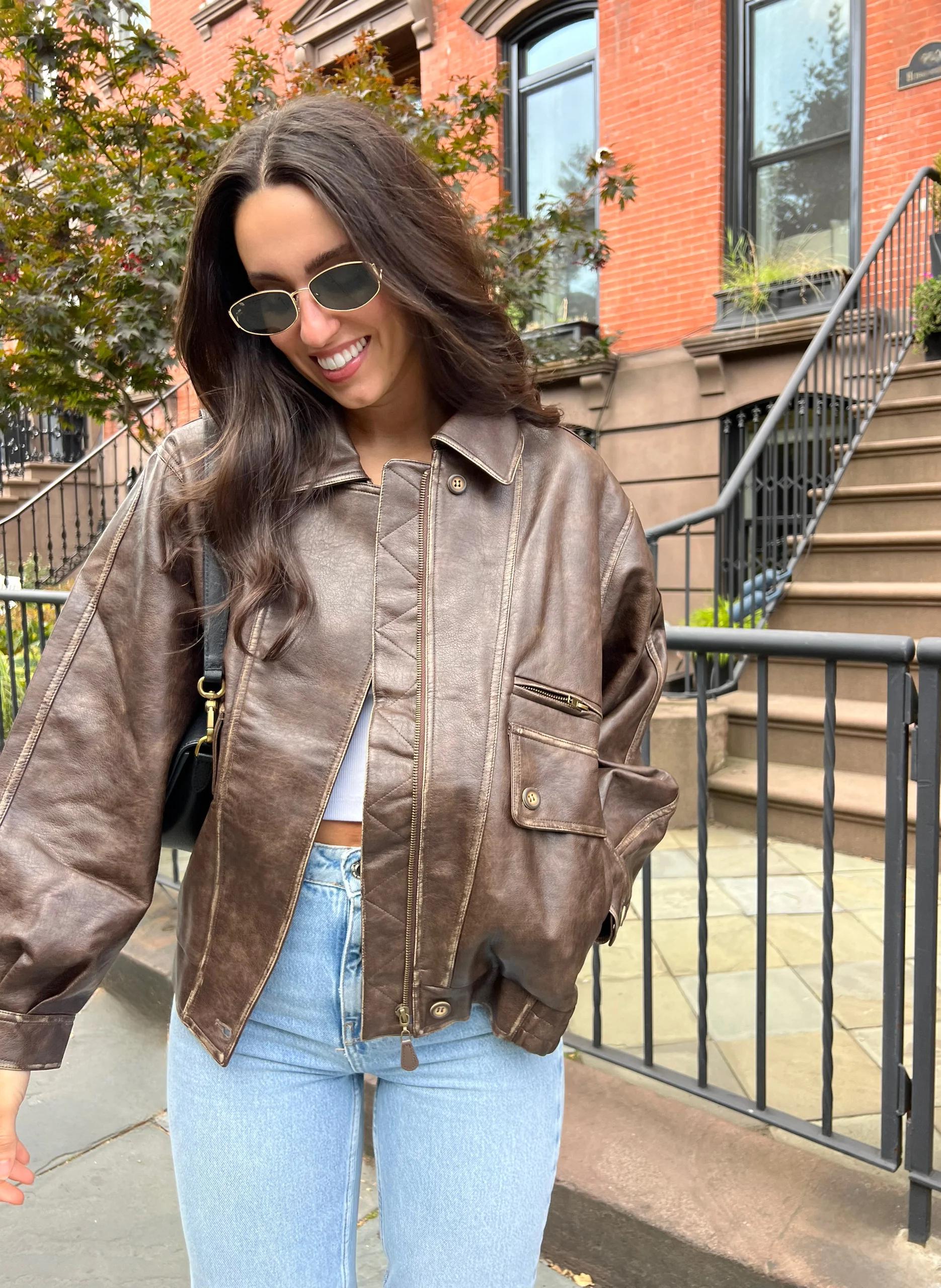 専用　80s vintage leather jacket 茶ボンバーブルゾン 80s Vintage Brown Leather Bomber Jacket - Handmade Oversized