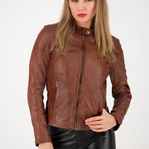 Womens Tan Brown Soft Lambskin Motorcycle Leather Jacket Brown Stylish Biker Jacket Womens Fashion Jacket Perfect Winter Gift For Girlfriend