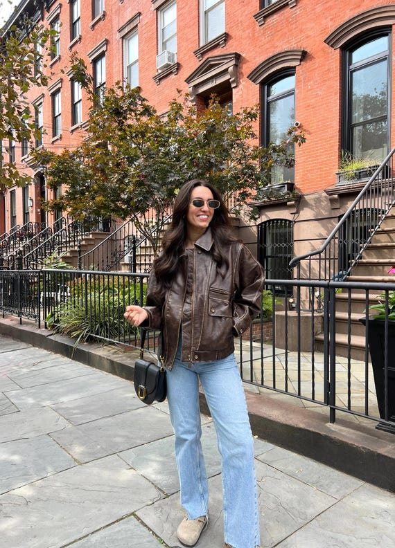 80s Vintage Brown Leather Bomber Jacket - Handmade Oversized